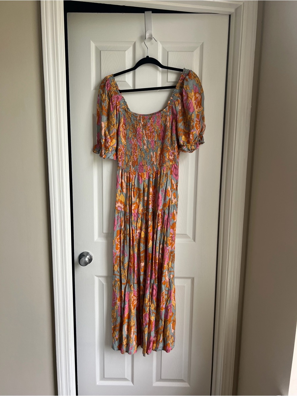 Maxi Floral Smocked Dress in Pink, Orange & Gray